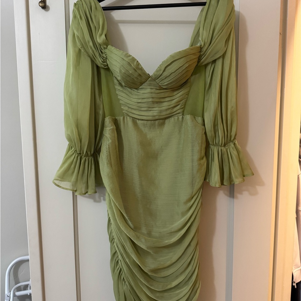 Nique Green Ruched Bodycon Dress with Bishop Sleeves
